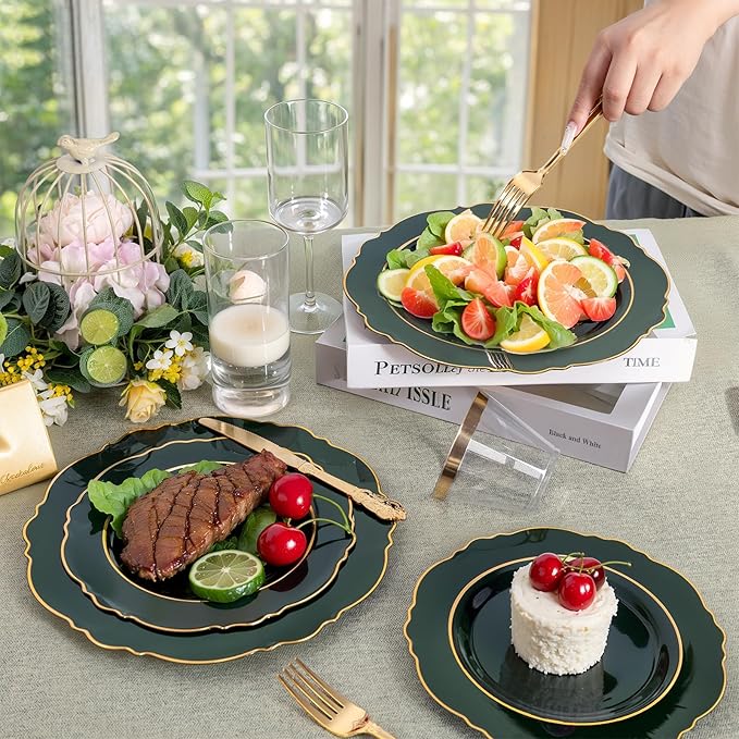 Liacere 350PCS Green Plastic Plates - Dark Green Disposable Plates With Gold Rim - 50Guest Baroque Plastic Dinnerware include 100Plates-50Pcs Pre Rolled Napkins with Silverware 50Cups for Party