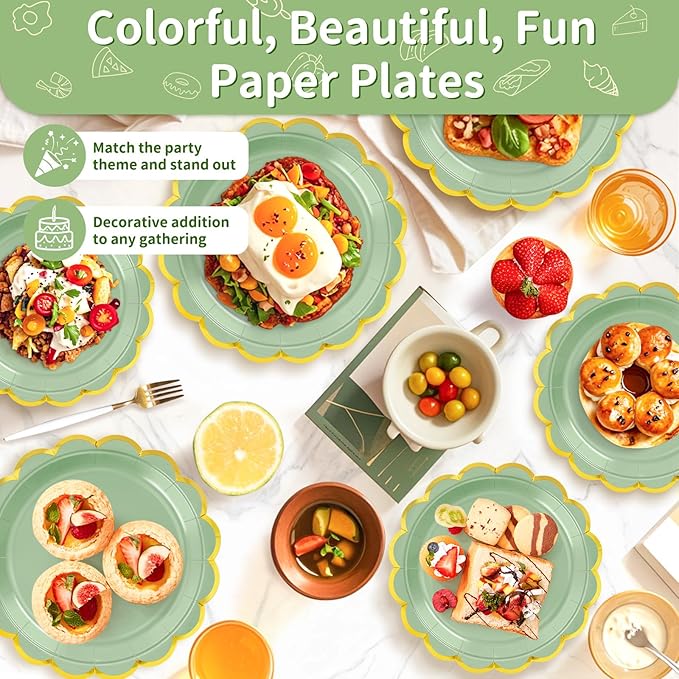 50 Pcs Sage Green Paper Plates, 25 Pcs 9" and 25 Pcs 7" Disposable Sage Green Scalloped Plates with Gold Foil for Graduation Wedding Baby Shower Birthday Party Picnic BBQ