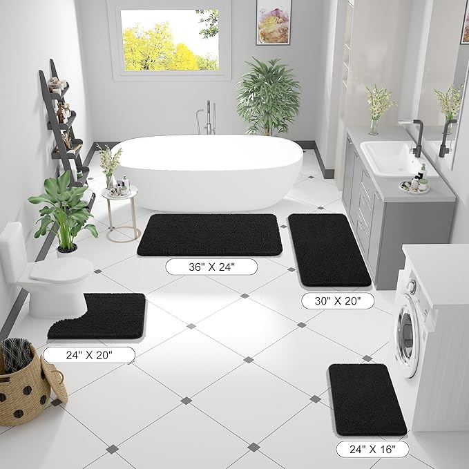 OLANLY Large Bathroom Rugs 59x35, Extra Soft Absorbent Chenille Bath Rugs, Rubber Backing Quick Dry, Machine Washable Bath Mats for Bathroom Floor, Tub and Shower, Home Decor Accessories, Black