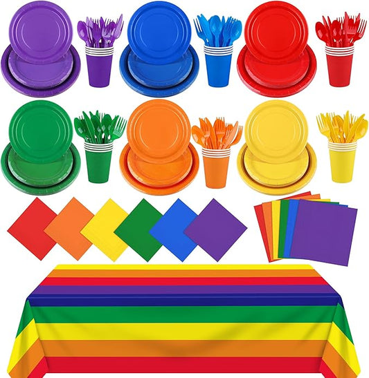 Kochorie 169 Pieces Rainbow Party Supplies Disposable Dinnerware Set Include Plates and Cups Napkins Plastic Forks Knives Spoons Tablecloth for Wedding Birthday Party Decorations, Serve 24 Guests