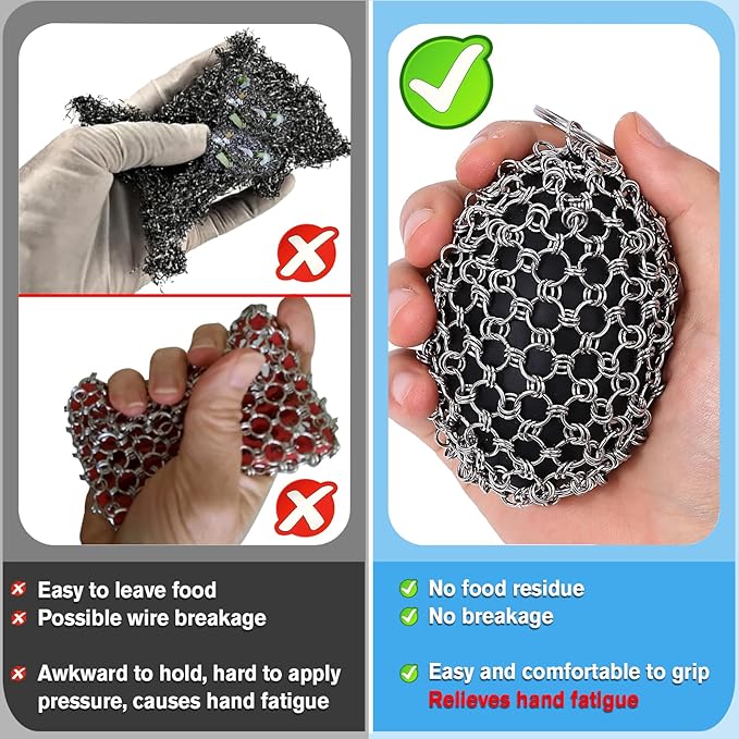 Cast Iron Scrubber Chainmail Set – 316 Stainless Steel Dish Scrub Brush for Cast Iron Skillet Pan Cleaner, Dutch Oven, Wok & Non-Stick Cookware | Dishwasher Safe – Black Double Ring