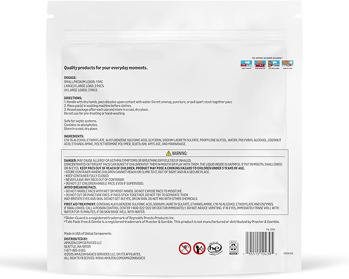 Amazon Basics Laundry Detergent Pacs, Free & Clear, Powerful Triple Action, Hypoallergenic, Unscented, 81 Count