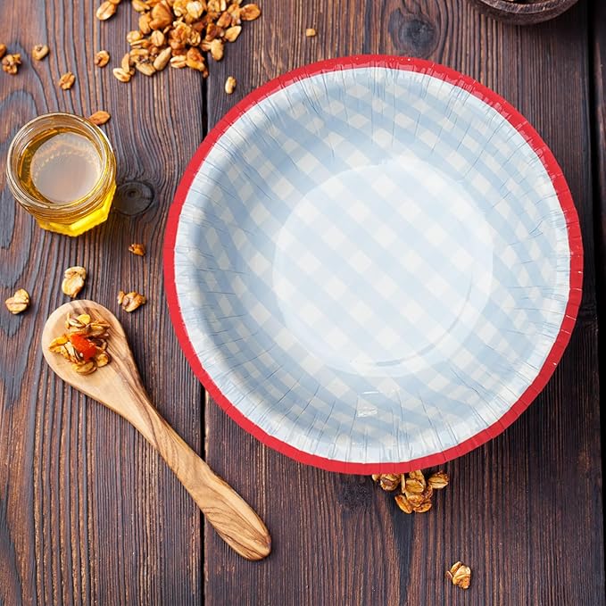 50 Pack 8oz Disposable Paper Bowls, 6 Inch Blue Gingham Pattern with Red Rim, Heavy Duty Disposable Bowls for Picnic BBQ Party Salad Ice Cream Soup (Blue Check Pattern, 50 Pack 8 Oz)