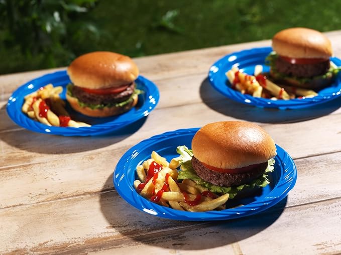Munfix 100 Blue Plastic Plates Set - 9 Inch Disposable Dinner Plates Bulk Pack, for Party, BBQ, Picnic, Parties, Travel and Events, Microwavable Recyclable