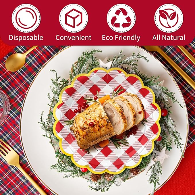 50 Pcs Red and White Checkered Paper Plates, 25 Pcs 9" and 25 Pcs 7" Disposable Christmas New Years Scalloped Plates with Gold Foil for Graduation Wedding Baby Shower Birthday Party Picnic BBQ