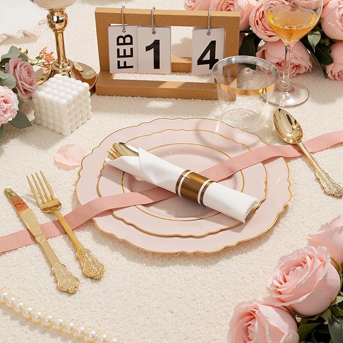 Liacere 350PCS Pink Plates Disposable-PinK Plates 50guest Baroque Plastic Dinnerware include 100Plates, 50Pack Pre Rolled Napkins with Silverware 50Cups Perfect for Wedding & Party