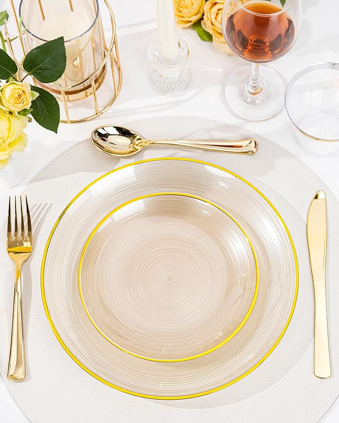 Morejoy 175PCS Clear Brown Plastic Plates - Disposable Gold Party Plates & Pre Rolled Napkins with Cutlery for 25 Guests, 50Plates, 75Silverware, 25Cups, 25Napkin for Party & Christmas