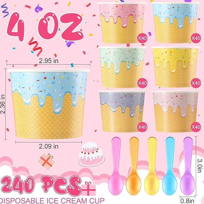 Jingmore 240 Set Paper Ice Cream Cups Bulk with Spoons 4 oz Disposable Sundae Bowls Colorful Paper Dessert Cups Containers for Snack Yogurt Soup Summer Bar Party Supplies