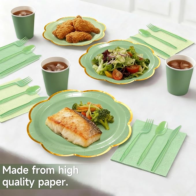 Sage Green Paper Plates and Napkins Party Supplies Serves 24,Green Scalloped Party Plates with Gold Rim,168Pcs Disposable Plates and cups and napkins sets for Spring Birthday Party Bridal Baby Shower