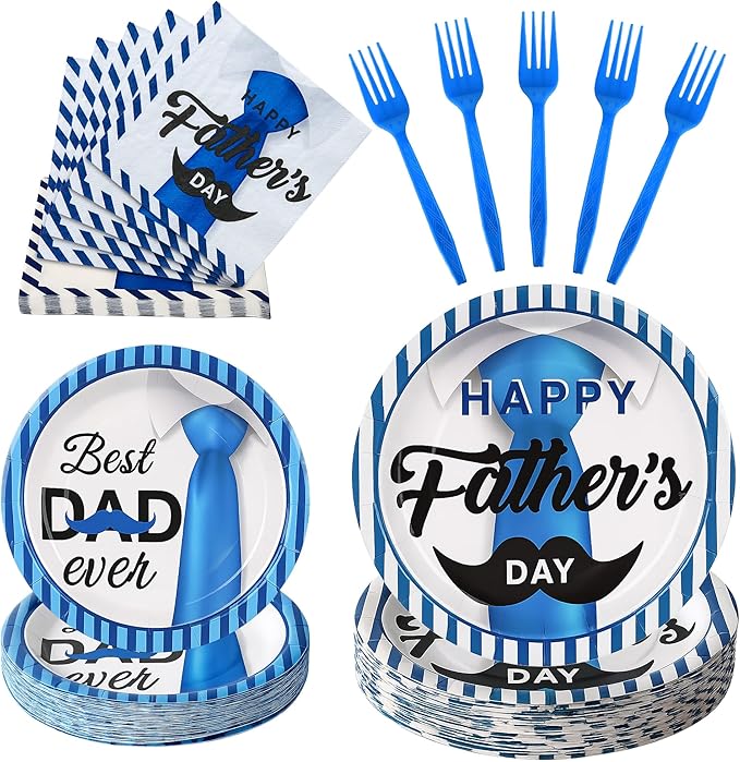 100 Pcs Father's Day Party Supplies for 25 Guests, Heavy-Duty 7" & 9" Paper Plates, 2-Ply 13" Napkins & Plastic Forks, Disposable Tie Theme Tableware Set for Dad BBQ Dinner Party