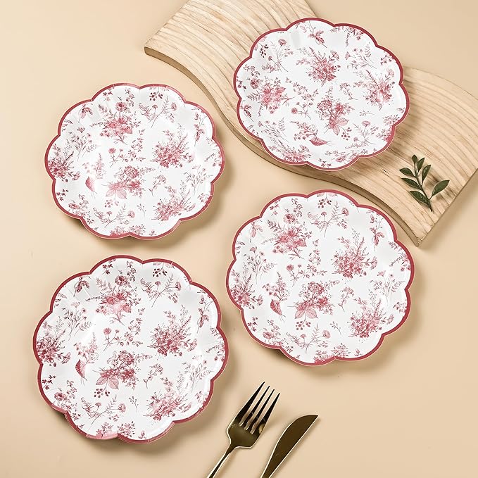 24Pcs Red Floral Party Plates Vintage Floral Leaf Disposable Paper Plate Wildflower Red Toile 7" Scalloped Rim Dessert Plates for Christmas Birthday Bridal Tea Party Supplies