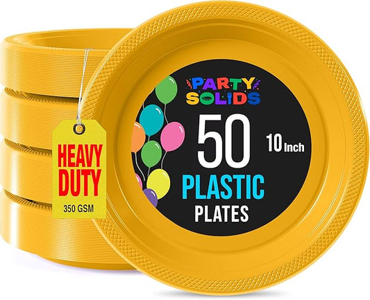 Exquisite Party Solids Yellow Plastic Plates For Party Supplies 10" Yellow Disposable Plates Heavy Duty 50 Pcs Plastic Dinnerware Sets Heavy Duty 350 GSM Disposable Dinnerware Set