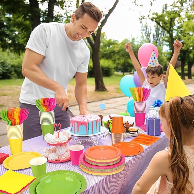 Kochorie 350 Pieces Neon Dinnerware Set, 7 & 9 inch Dessert Paper Plates Cups Napkins Plastic Cutlery Disposable Party Supplies for Neon Glow Party Birthday Baby Shower Wedding, Serve 50 Guests
