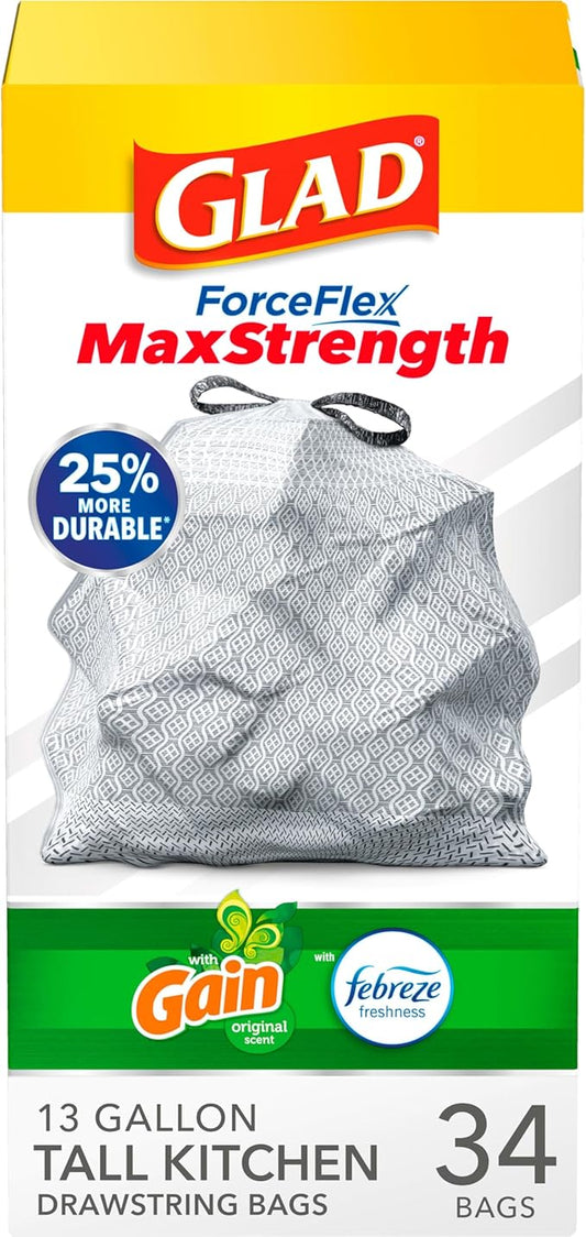 Glad Tall Kitchen Trash Bags 13 Gallon, Gain Original Garbage Bags, Odorshield with Drawstring, 34 Count
