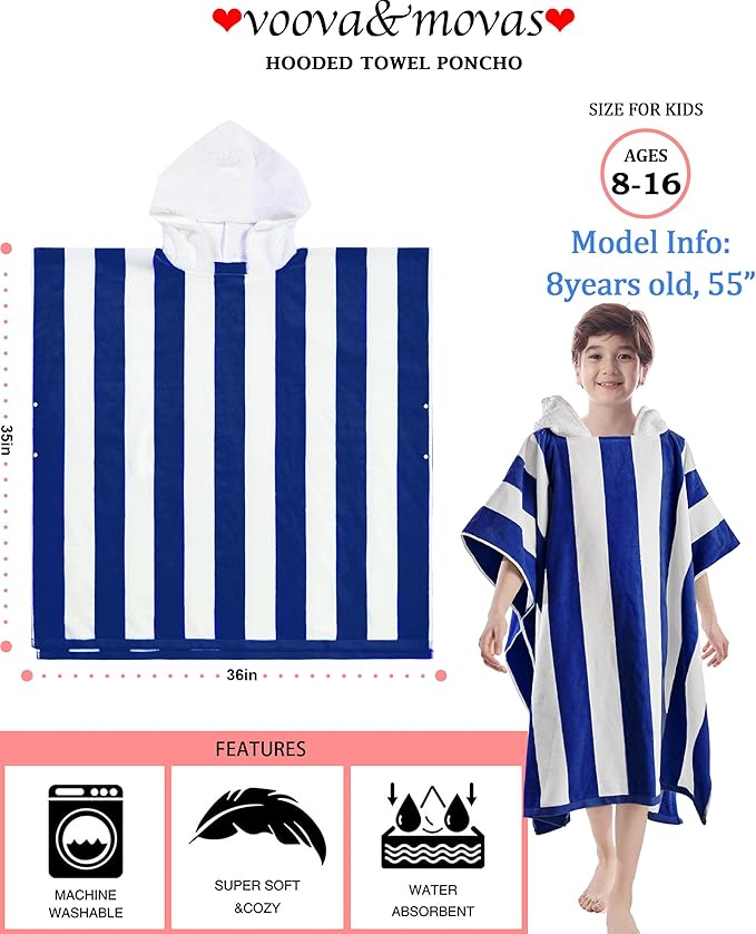 VOOVA & MOVAS Hooded Beach Towels for Big Kids | Teens (8-16Years), Absorbent 100% Cotton Poncho Towel for Kids, Perfect for Pool, Beach, Bath and Gifts, Gem Blue Cabana Stripe
