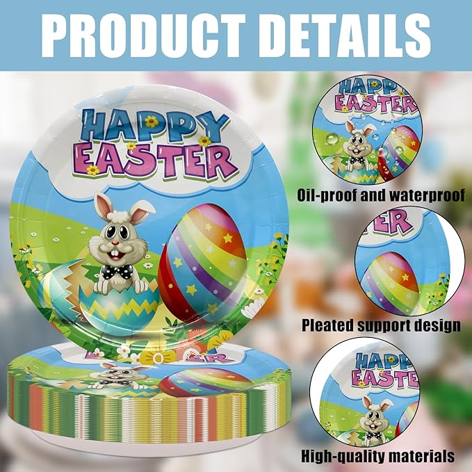 Easter Heavy Duty Paper Plates Bunny Disposable 9 inch Dinner Plates for Easter Party Decorations and Supplies (50 count)