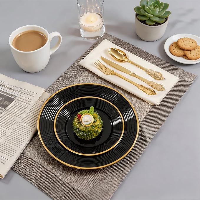 Liacere 100PCS Black Plastic Plates - Heavy Duty Disposable Plates - Black and Gold Plate Include Dinner/Dessert Plate for Wedding & Holiday Party & Birthday & Graduation
