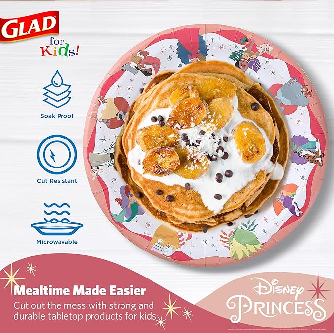 Glad for Kids Disney Princess Disposable Paper Plates, Magic is in All of Us Design - Heavy Duty, Soak-Proof, Microwavable Kid-Friendly Character Plates for Everyday Meals, 10 inch, 20 Count