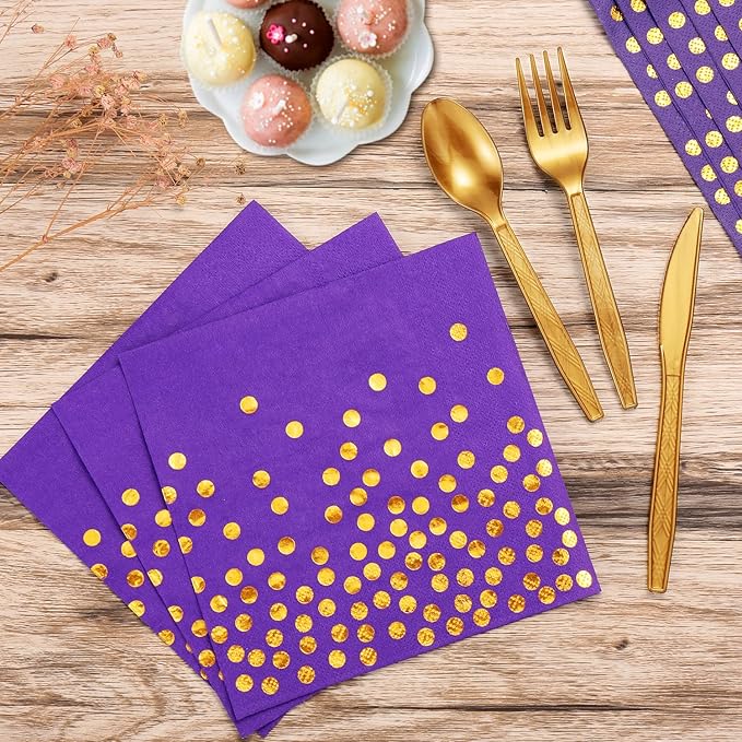 Purple and Gold Party Supplies 140 Pieces Golden Dot Disposable Party Dinnerware - Purple Paper Plates Napkins Cups, Gold Plastic Forks Knives Spoons for Baby Shower, Wedding, Graduation
