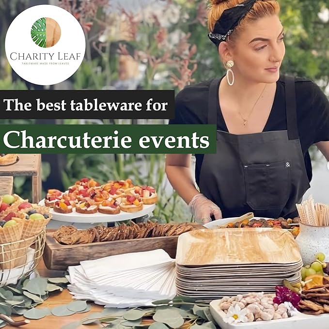 Charity Leaf Disposable Palm Leaf 14" x 10" Trays (100 Pieces) Bamboo Like Serving Platters, Disposable Boards, Eco-Friendly Dinnerware for Weddings, Catering, Events