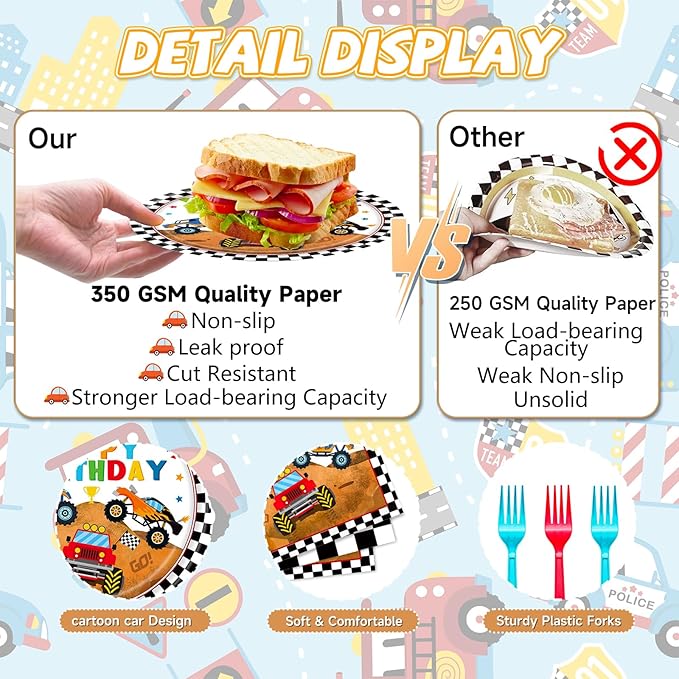 96 Pieces Monster Truck Plates and Napkins Birthday Party Supplies, Black and White Checked Monster Car Disposable Tableware with Paper Plates Napkins and Forks for Birthday Party Decor - Serves 24