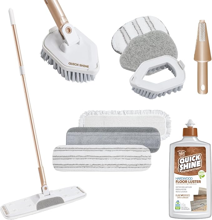 Quick Shine Ultimate Gold Clean + Polish Mop Kit, 10 Pc Set w/Interchangeable Attachments | Floor Luster Included | 2-in-1 Pro Cleaning w/ Microfiber Pads for Hardwood Floors | No Batteries Needed