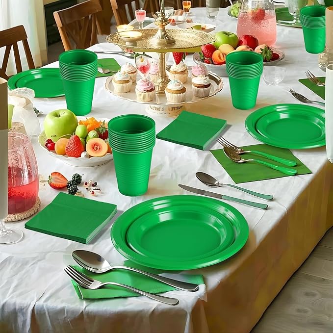 Green Plastic Plates,Green Disposable Plates,Including Green Plates and Napkins, Plastic Cutlery and 12OZ Cups for Engagement Wedding Birthday Graduation,Serve 25 Guests