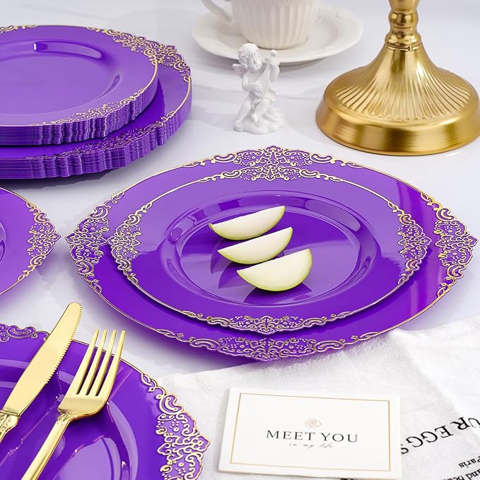 Realluck 350 PCS Purple and Gold Plastic Plates, Plastic Dinnerware Set for 50 Guests, 100 Disposable Plates, 150 Silverwares, 50 Cups, 50 Napkins for Party, Wedding, Graduation