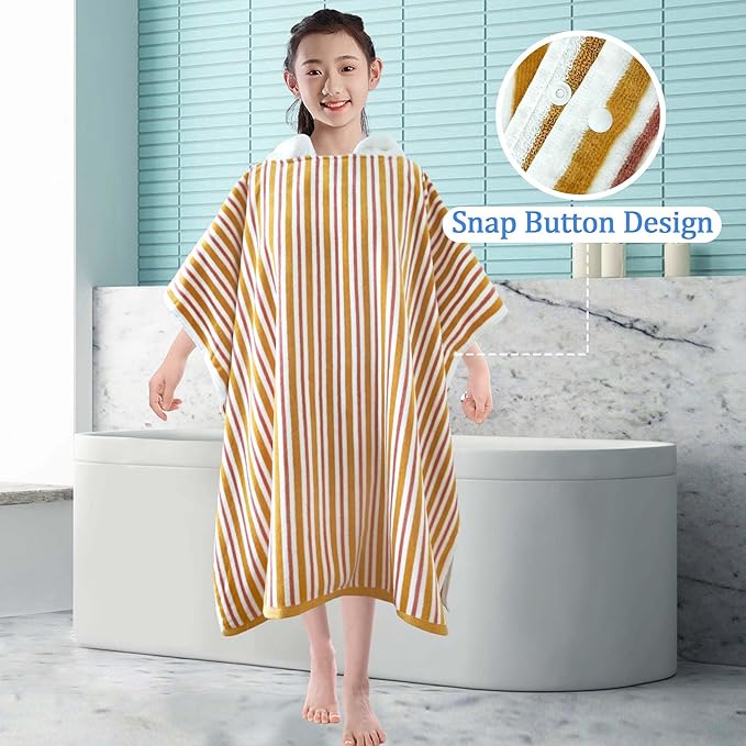 VOOVA & MOVAS Hooded Poncho Towel for Teens Unisex 100% Cotton Vibrant Lightweight Beach Surfing Bath Cover Up Orange Red Stripe