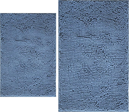 BOANKODU Bathroom Rugs Sets 2 Piece, Extra Soft Chenille Bath Mat Absorbent Bathroom Rug, Bathroom Mat with PVC Non-Slip Bottom, Machine Washable Bath Rugs (32x20 Inch + 24x16 Inch, Deep Blue)