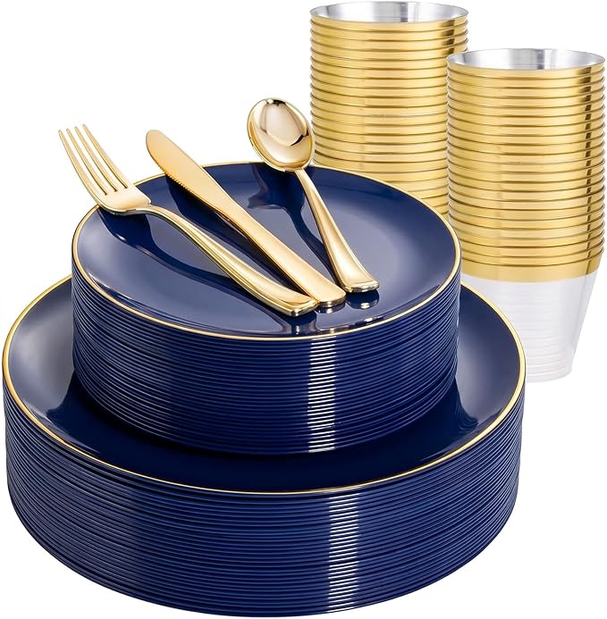 WDF 150pcs Blue plastic Plates - Navy Blue Plates Disposable - 25guest Disposable Dinnerware Sets for Party/Wedding/Birthday