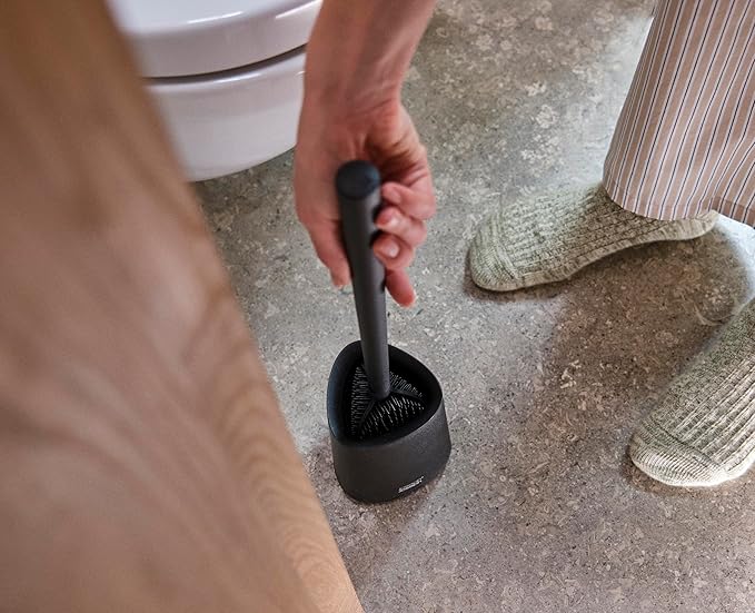 Joseph Joseph Flex 360 Lite, Advanced Smart Toilet Brush and Small Storage Holder Set with Anti-drip, Anti-Clog, Triple-Action Replaceable Brush Head - Black