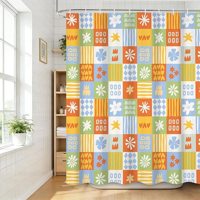 Boho Checkered Floral Shower Curtain Set Multicolored Geometric Flower Print Shower Curtains for Bathroom Waterproof Fabric Bathtub Decorations with Hooks 60x72 Inches