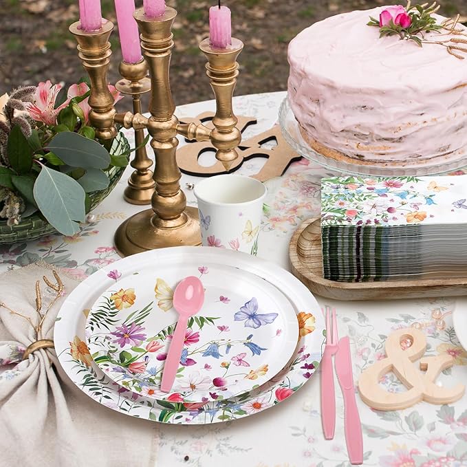 Sinmoe 400 Pcs Spring Plates and Napkins Set Paper Flower Dinnerware Disposable Party Supplies for 50 Guest Dinnerware Knife Fork Spoon for Spring Birthday Party (Popular Color,Wildflower)