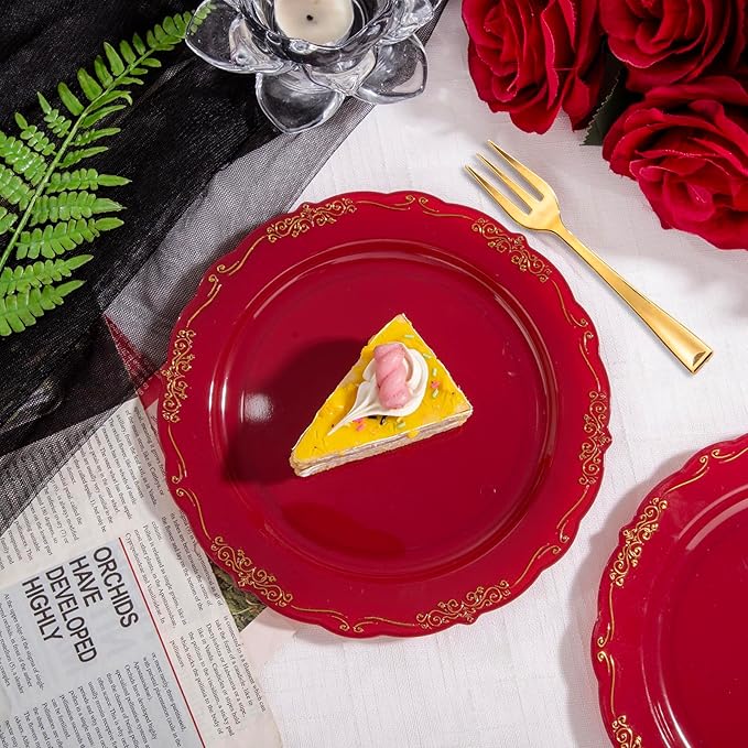 LIYH 100 Pcs Burgundy Gold Plastic Dessert Plates with 100 Pcs Gold Dessert Forks, Disposable Red Salad Plates Includes 100 Appetizer Plate 7.5"and 100 Golden Cake Forks 5 "