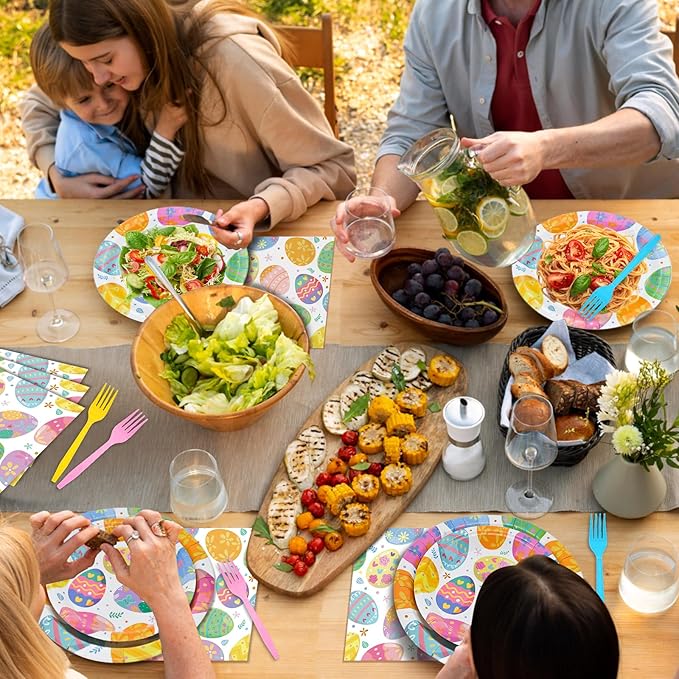 96 Pieces Easter Paper Plates and Napkins Tableware Set, Colorful Eggs Disposable Dinnerware with Plates, Napkins, Forks for Easter Spring Party Supplies-Serves 24
