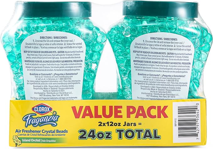 Clorox Fraganzia Crystal Beads Air Freshener Twin Pack, Long Lasting Room Deodorizer and Odor Eliminator Gel Beads for Home, Car, or Office, Island Orchid Scent, 24 Fl Oz