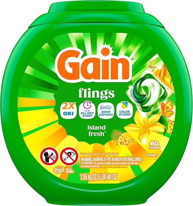 Gain Flings Liquid Washing Detergent Pacs with Odor Defense + Color Guard, Island Fresh Scent, 4-In-1 Liquid Laundry Detergent Pods, Clean & Fresh, 60 Count (Packaging May Vary)