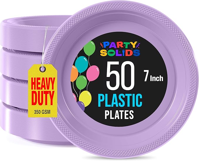Exquisite Party Solids Lavender Plastic Plates For Party Supplies 7" Lavender Disposable Plates Heavy Duty 50 Pcs Plastic Dinnerware Sets Heavy Duty 350 GSM Disposable Dinnerware Set