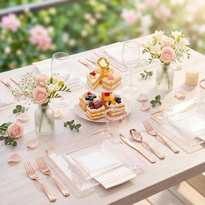 Festiva 350Pcs Rose Gold Plastic Plates - Clear Rose Gold Disposable Dinnerware Sets for 50Guests include 100 Plates 50 Cups 50Plastic Cutlery 50Napkins for Party&Wedding& Mother's Day