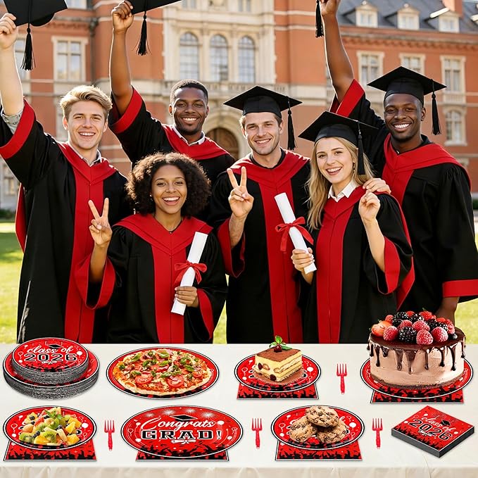 100 Pcs Graduation Plates and Napkins, 2026 Red Black Graduation Disposable Plates and Napkins Party Supplies Set Serves 25, Red Black Disposable Dinnerware Set for 2026 Decorations Grad Party