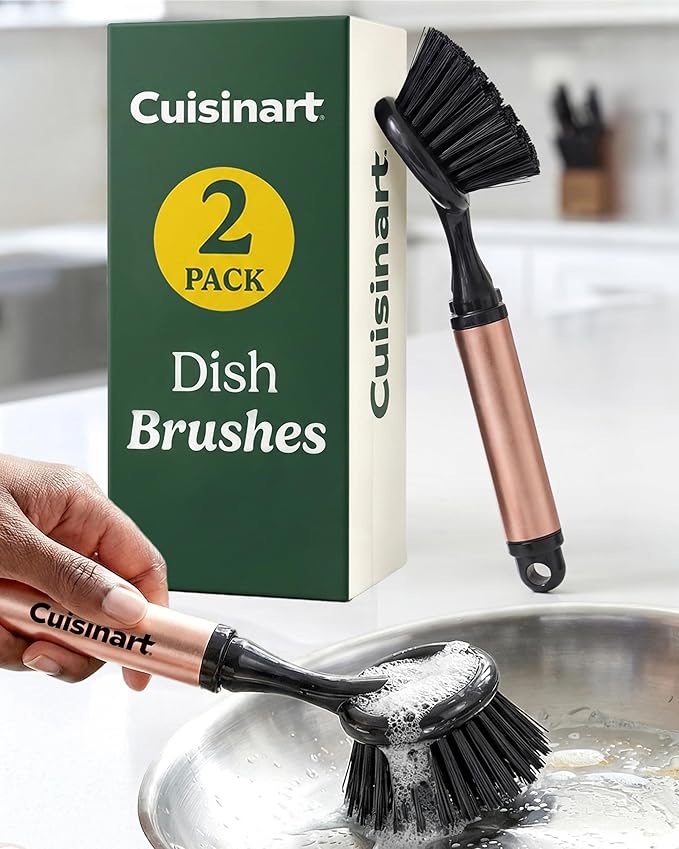 Cuisinart Dish Brush with Handle 2 Pack – Kitchen Scrub Brush for Dishes, Pots & Pans, Non-Scratch Dish Scrubber, Firm Bristles for Sink & Cookware, Comfortable Grip for Everyday Cleaning
