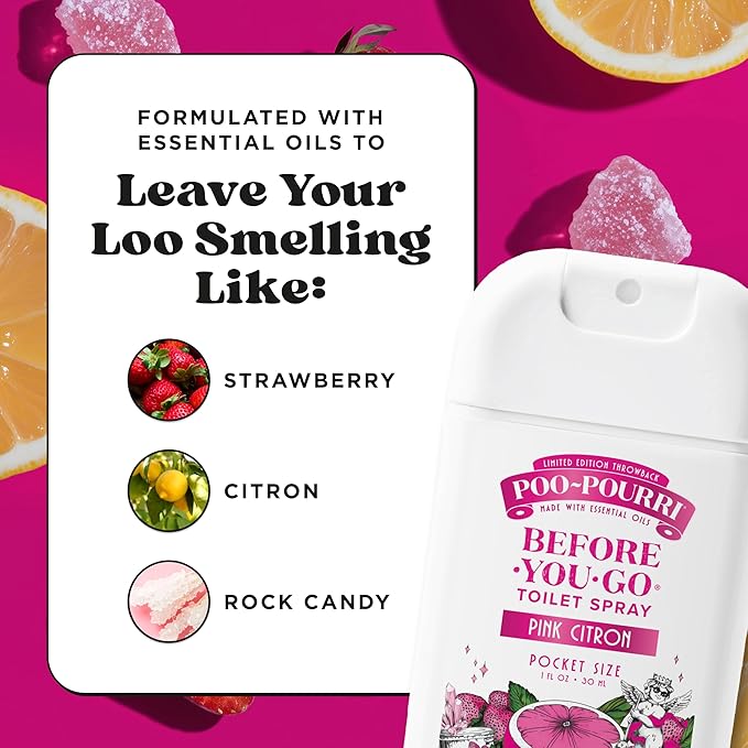 Poo-Pourri Before-You-Go Pocket Toilet Spray, Travel Essentials, Pink Citron, 1 Fl Oz, Up to 50 Uses, On-The-Go Bathroom Odor Deodorizer with Essential Oils, TSA Approved Size