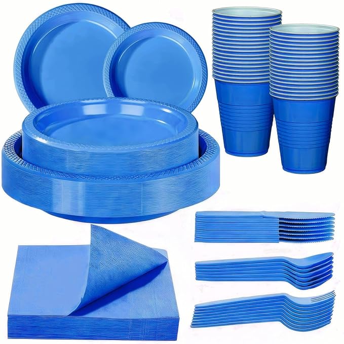 WELLIFE 210Pcs Blue Plastic Plates,Disposable Dinnerware Set,Party Supplies Including Blue Plates, 12oz Cups, plastic Cutlery and Napkins Serve 30 Guests, Plastic Plates for Party