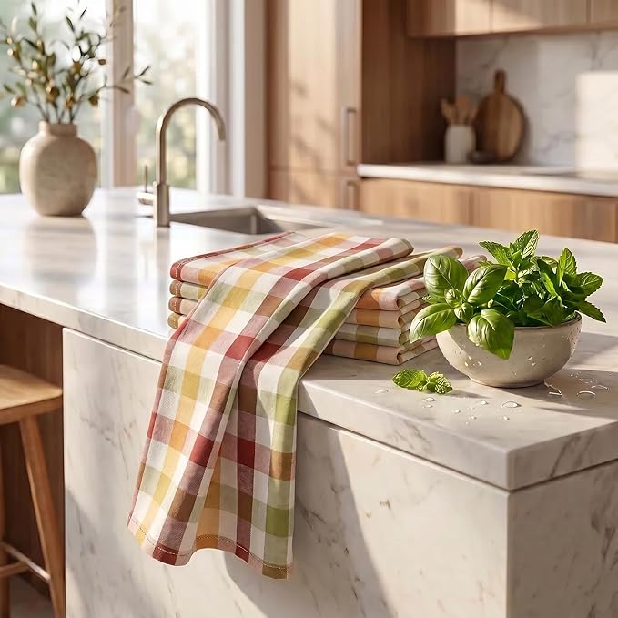 Urban Villa Kitchen Towels 100% Cotton Dish Towels for Kitchen (Set of 6) 20”x30” Dish Cloths Highly Absorbent Kitchen Linen Set with Hanging Loop Perfect for Drying Dishes Cleaning – Harvest Checks