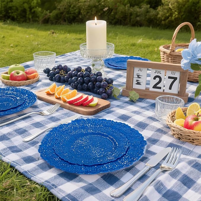 DaYammi 60Pcs Blue Plastic Plates - Sapphire Blue Plates Disposable & Reusable - Heavy Duty Plastic Plates for Party Including 30 Dinner Plate,30 Dessert Plate for Weddings,Dinner