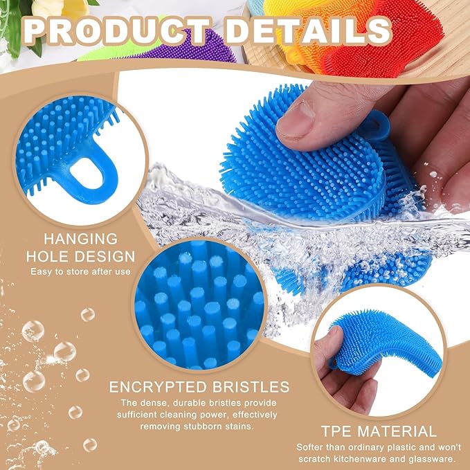 uxcell Silicone Dish Scrubber, 6 Pack Reusable Dishes Sponges Silicone Sponges Double Design for Kitchen Bathroom Cleaning Gadgets Accessories Countertop Cookware Pots Pans, Blue