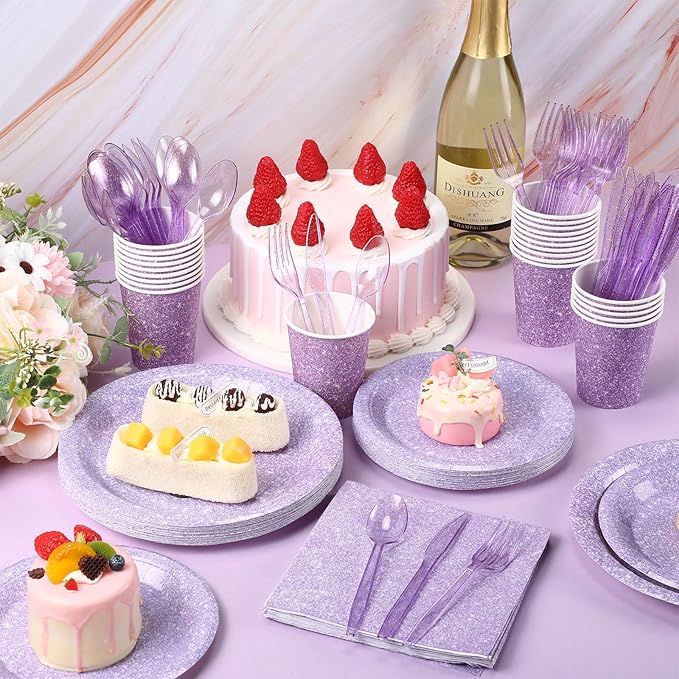 Hushee 350 Pcs Pastel Purple Holographic Print Party Supplies Guests Disposable Dinnerware Set Include Paper Plates, Napkins, Cups, Plastic Cutlery for Wedding Birthday Disco Bachelorette