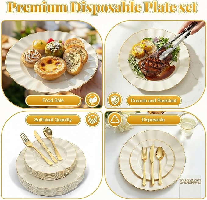 175 Piece Plastic Dinnerware Set Disposable Dinnerware Set for 25 Guests Include 50 Plastic Plates 25 Silverware Set 25 Cups and 25 Napkins for Party Wedding Birthday（White and Gold）