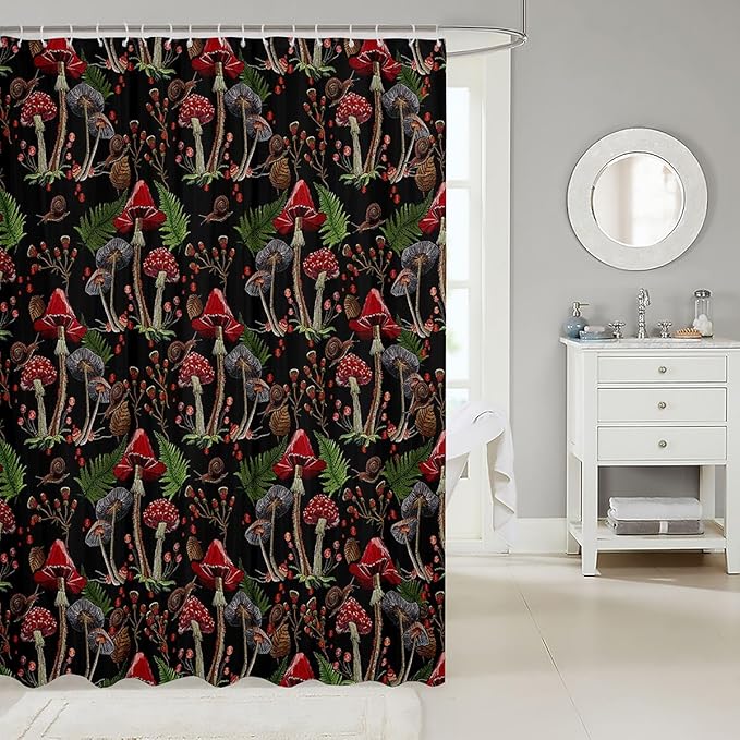 Feelyou Cute Mushroom Decor Shower Curtain Kids Cartoon Mushrooms Bathroom Shower Curtain Set for Boys Teens Kawaii Fungus Bath Curtain Wild Mushroom Stuff Black Kids Bathroom Accessories 72"x78"